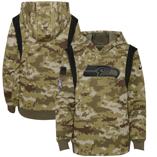 Youth  Seattle Seahawks 2021 Camo Salute To Service Therma Performance Pullover Hoodie